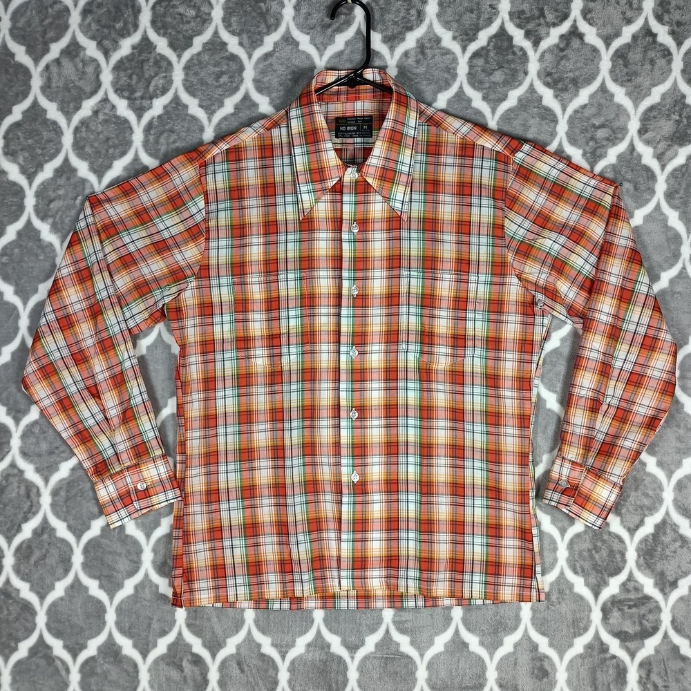 Vintage MW Shirt Men Medium Orange Green  Plaid Button Up Long Sleeve 70s Collar